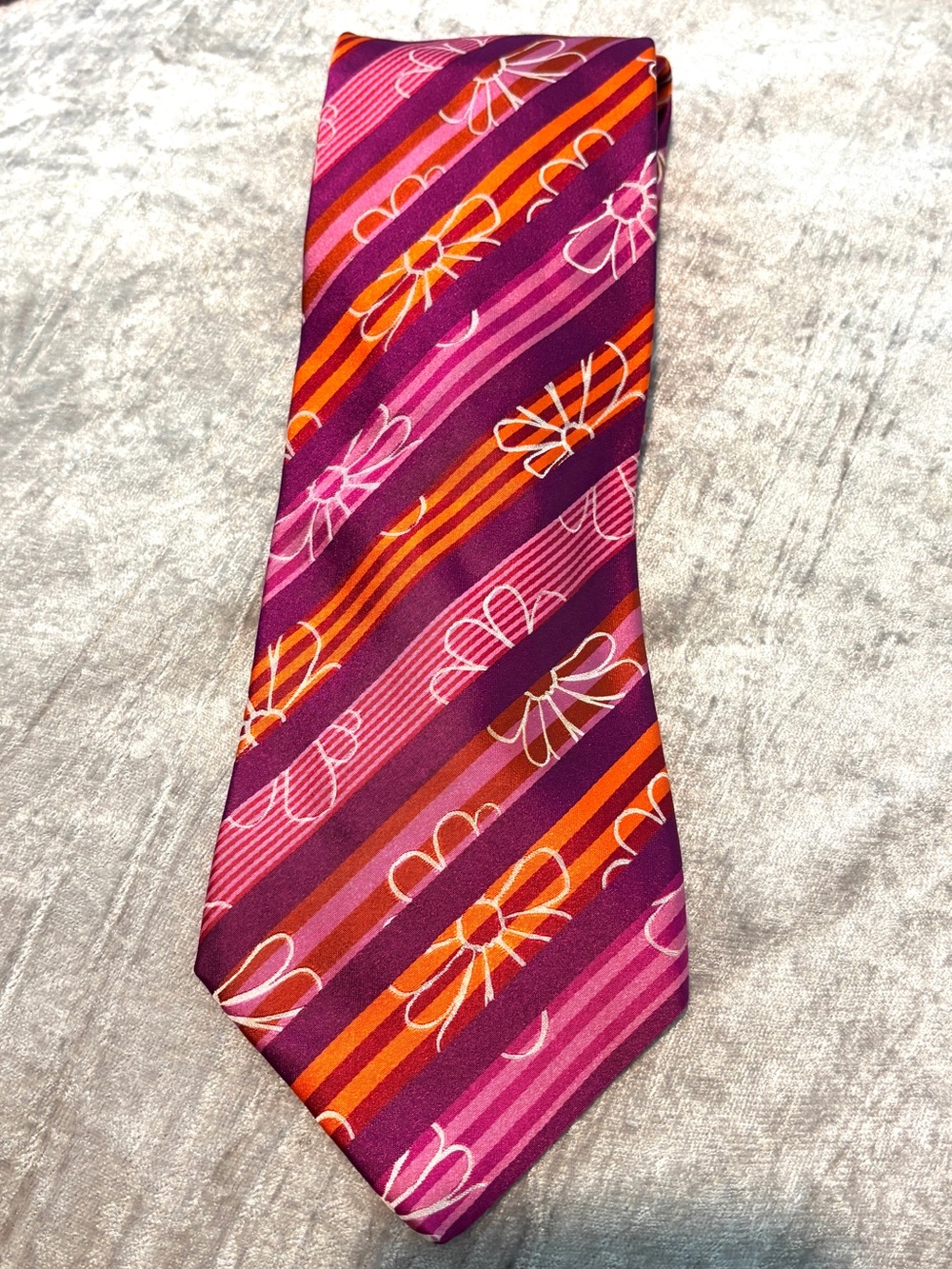 Paul Smith 100% Silk Vibrant Purple & Orange Striped Floral Tie